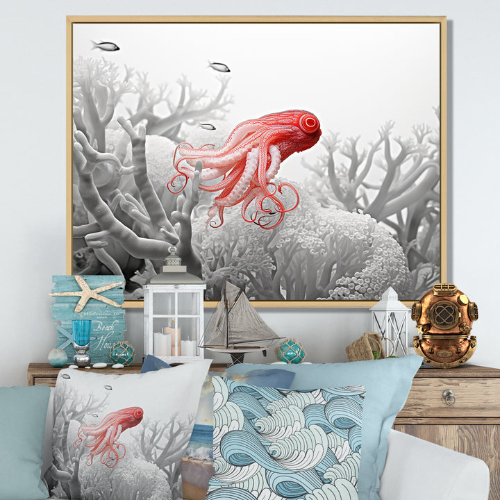 Monochrome Coral And Grey Octopus Paddle - Octopus Bedroom Wall Art