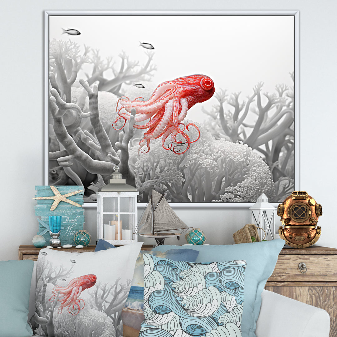 Monochrome Coral And Grey Octopus Paddle - Octopus Bedroom Wall Art