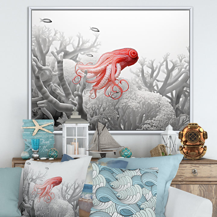 Monochrome Coral And Grey Octopus Paddle - Octopus Bedroom Wall Art
