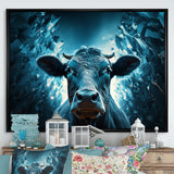 Blue Cow Flow Portrait - Cow Framed Canvas Art