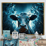 Blue Cow Flow Portrait - Cow Framed Canvas Art