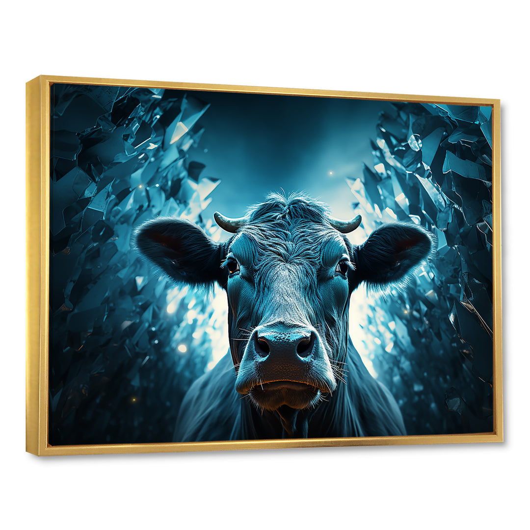 Blue Cow Flow Portrait - Cow Framed Canvas Art