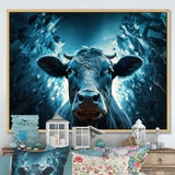Blue Cow Flow Portrait - Cow Framed Canvas Art