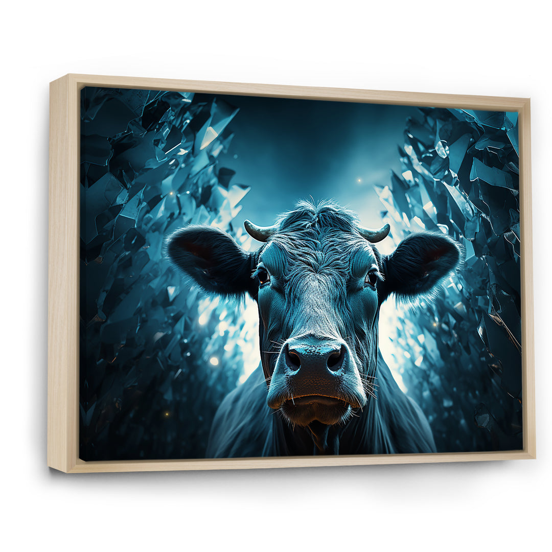 Blue Cow Flow Portrait - Cow Framed Canvas Art