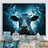 Blue Cow Flow Portrait - Cow Framed Canvas Art