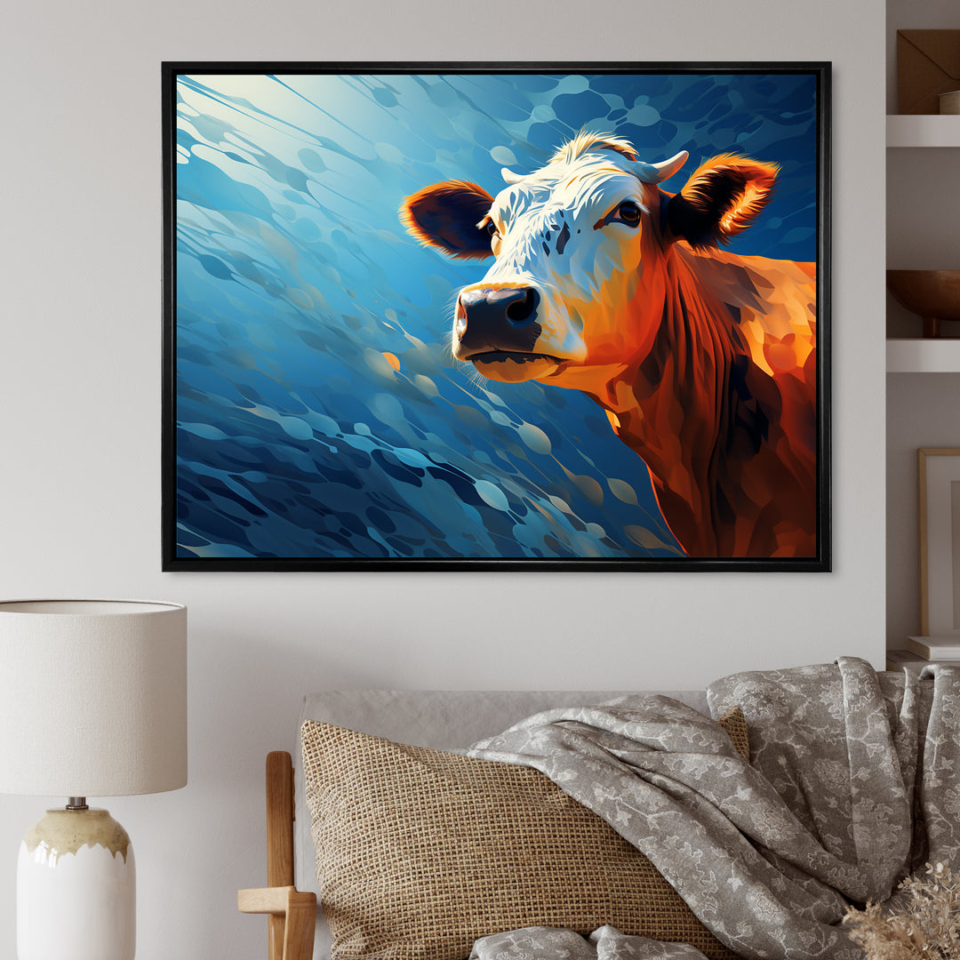 Blue And Orange Cow Flow - Cow Large Canvas Wall Art