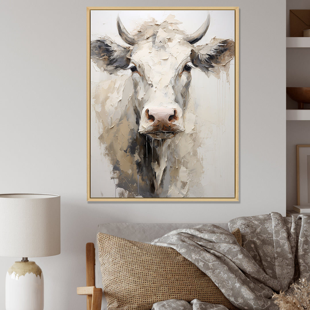 Minimalism Beige Cow Portrait - Cow Large Canvas Wall Art