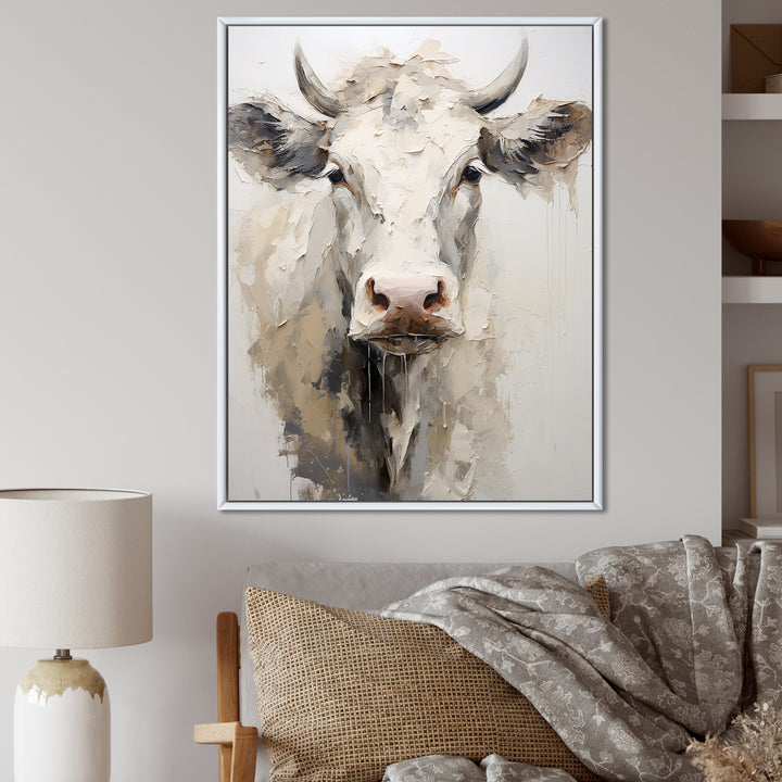 Minimalism Beige Cow Portrait - Cow Large Canvas Wall Art