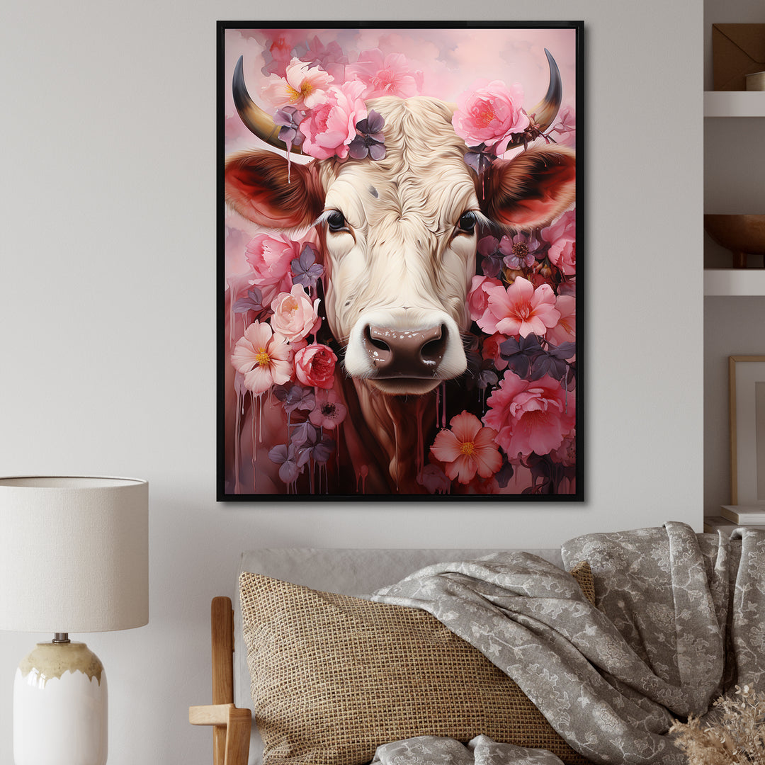 Romanticism Pink Cow Portrait - Cow Canvas Wall Art