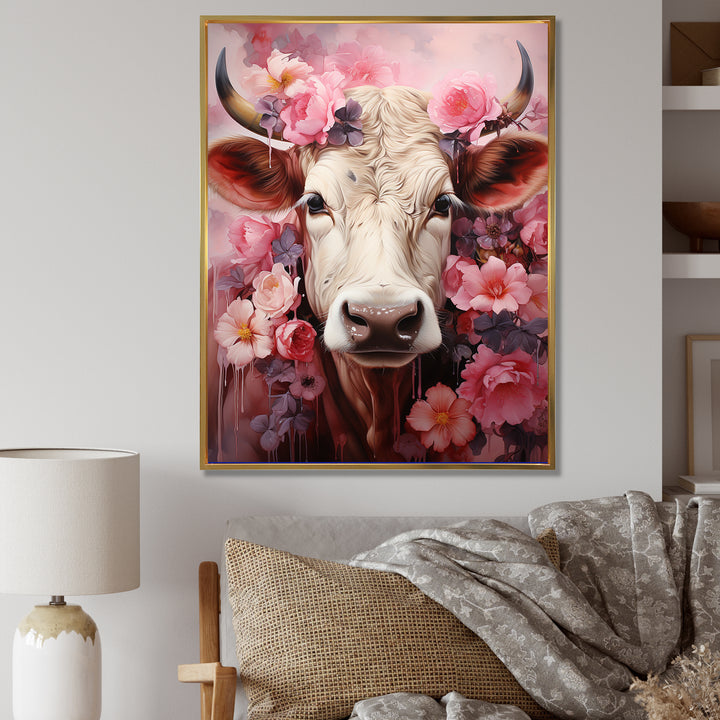 Romanticism Pink Cow Portrait - Cow Canvas Wall Art