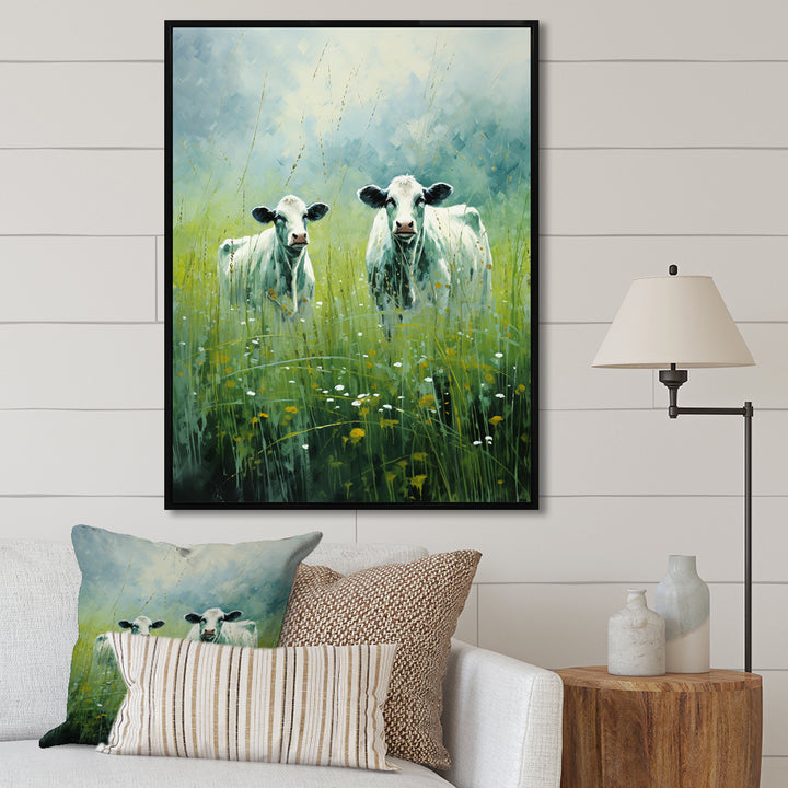 Cow In Verdant Pastures - Green Cow Wall Art