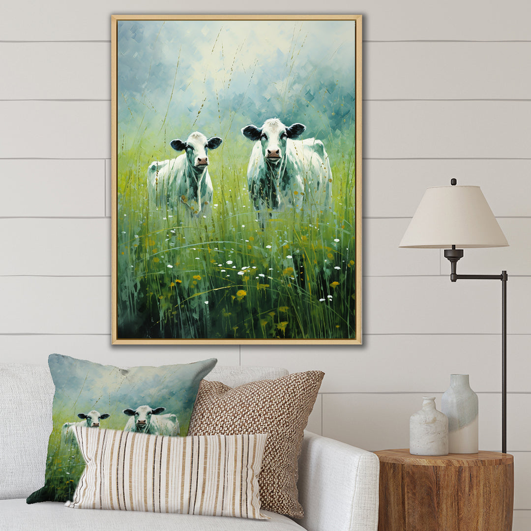 Cow In Verdant Pastures - Green Cow Wall Art