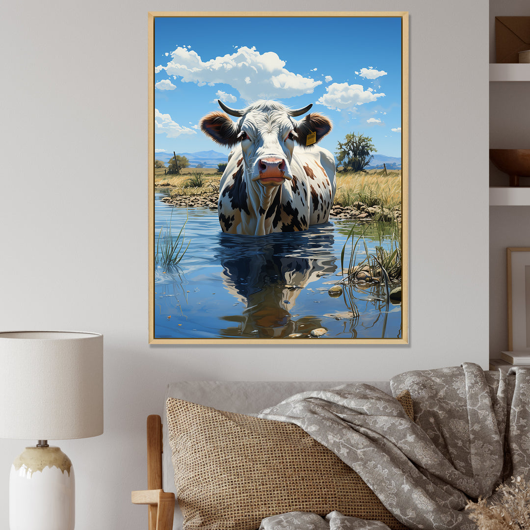 Cow In Tranquil Pasture - Cow Framed Canvas Art