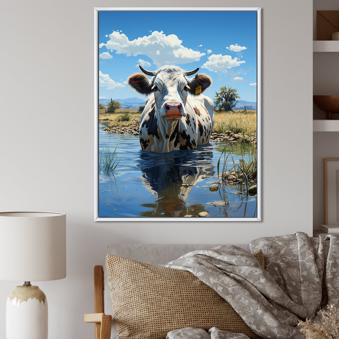 Cow In Tranquil Pasture - Cow Framed Canvas Art