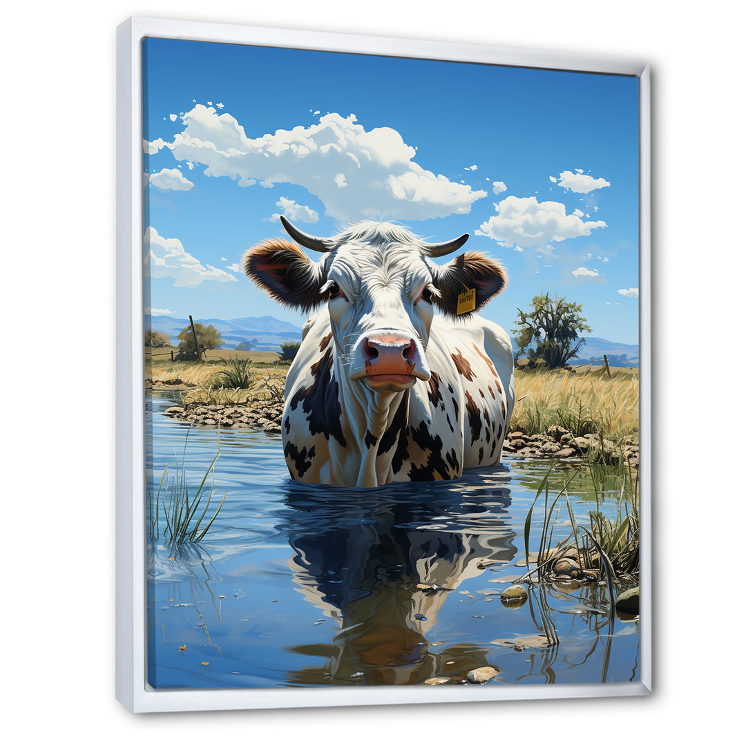 Cow In Tranquil Pasture - Cow Framed Canvas Art