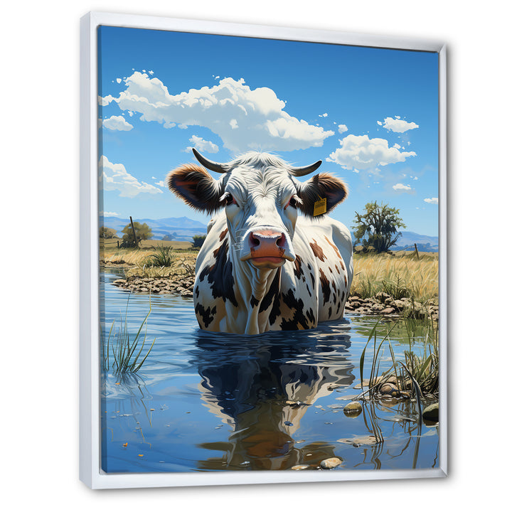 Cow In Tranquil Pasture - Cow Framed Canvas Art