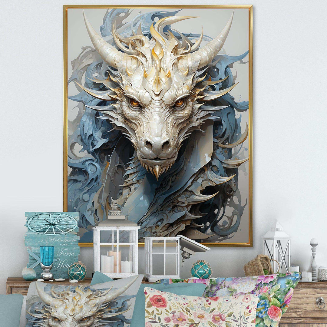 Epic Blue And Grey Dragon Odyssey III - Abstract Canvas Wall Art