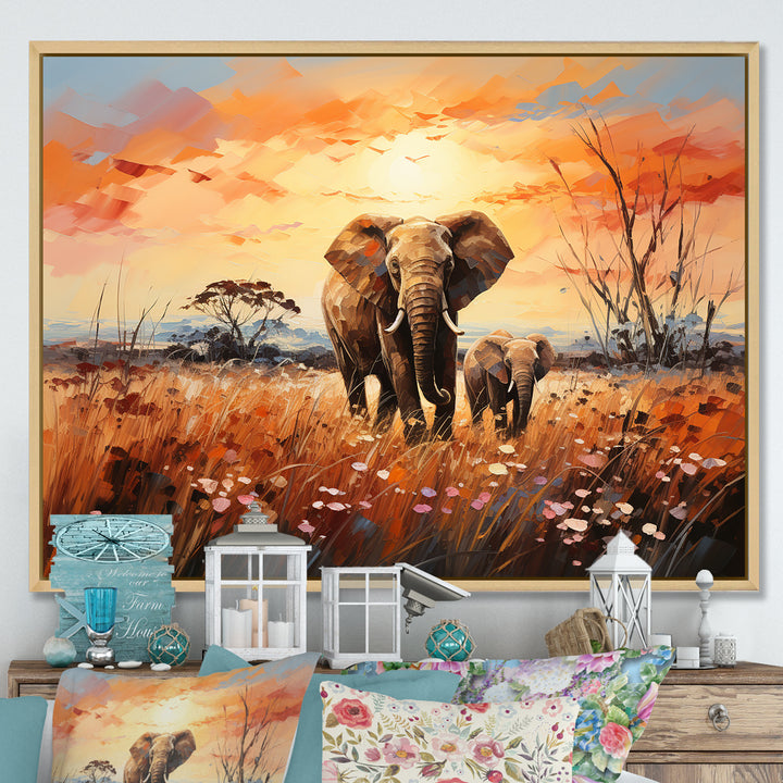 Graceful African Elephant With Calf In Motion - Elephant Wall Decor