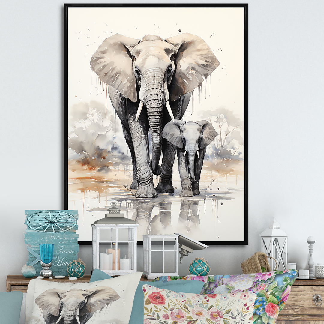 Elegant Elephant With Calf In Motion - Elephant Home Decor Art