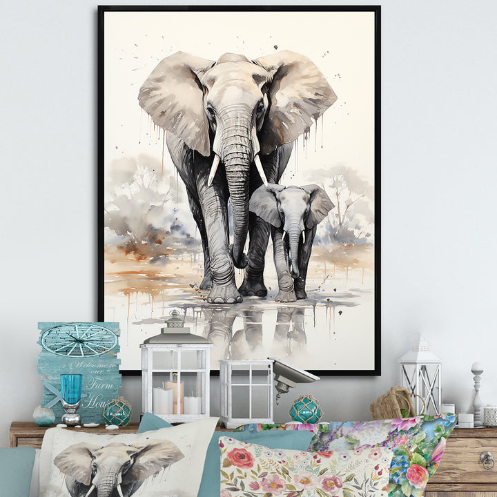 Elegant Elephant With Calf In Motion - Elephant Home Decor Art