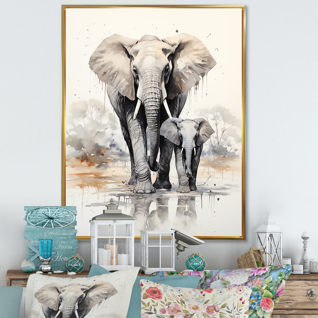 Elegant Elephant With Calf In Motion - Elephant Home Decor Art