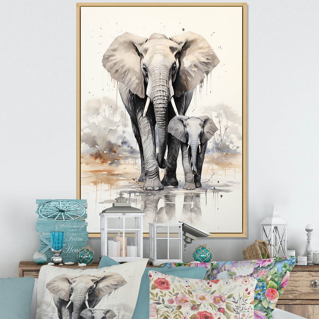 Elegant Elephant With Calf In Motion - Elephant Home Decor Art