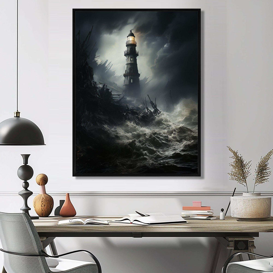 Lighthouse Battling The Stormy Waves - Architecture Canvas Wall Art