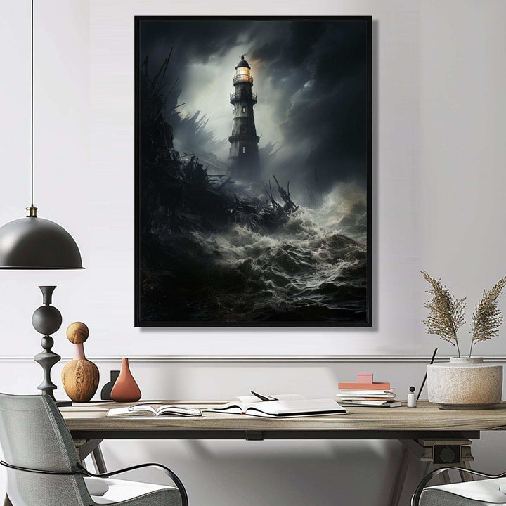 Lighthouse Battling The Stormy Waves - Architecture Canvas Wall Art