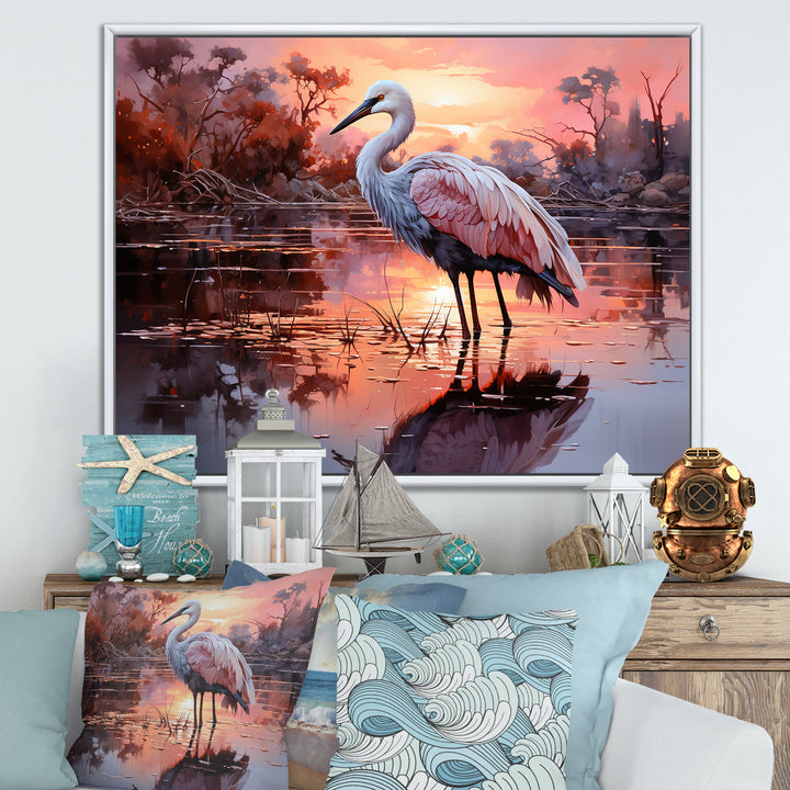 White Flamingo Lake Serenity - Flamingo Living Room Wall Art