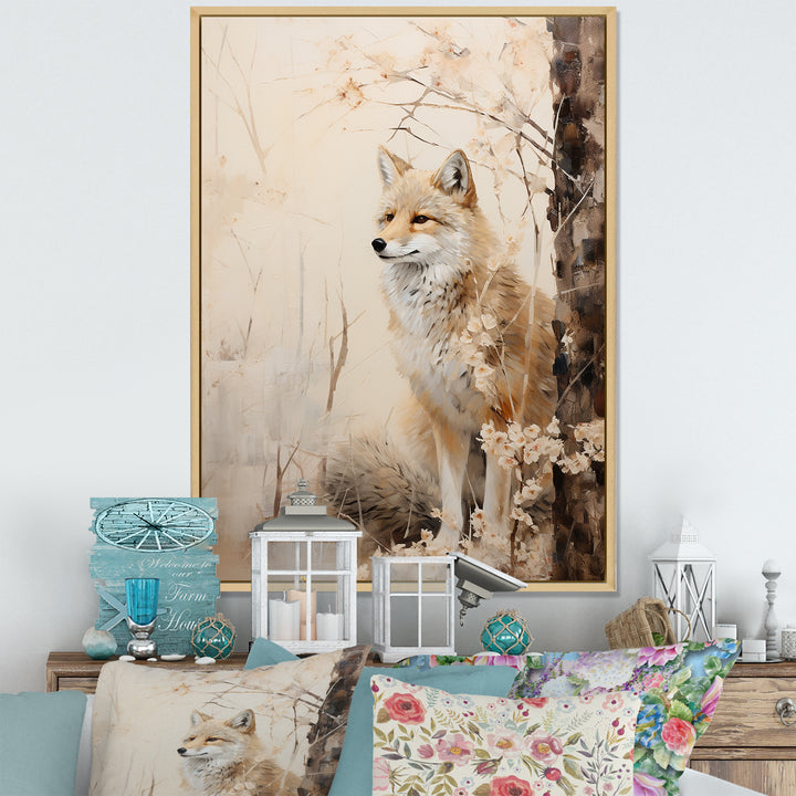 Minimal Wolf In Forest - Beige Wolf Wall Art