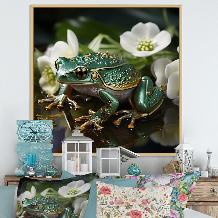 Green Frog On Glass Effect - Frog Framed Canvas Art
