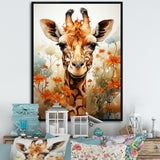 Cute Giraffe In Flowers Field - Beige Giraffe Wall Art