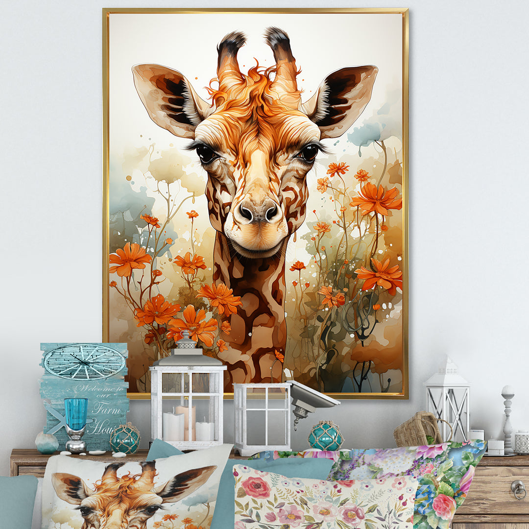 Cute Giraffe In Flowers Field - Beige Giraffe Wall Art