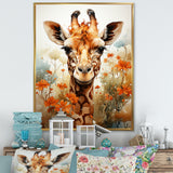 Cute Giraffe In Flowers Field - Beige Giraffe Wall Art