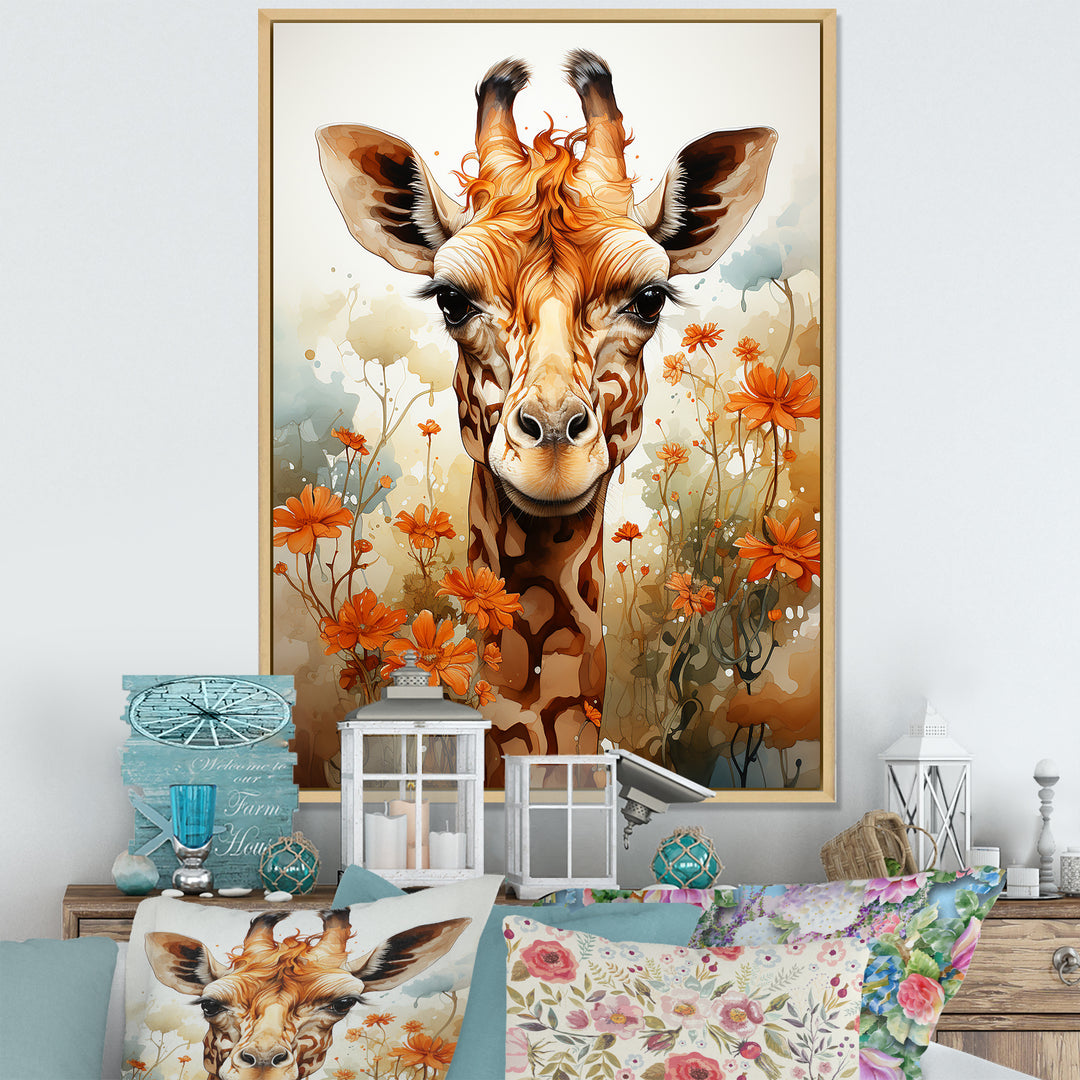 Cute Giraffe In Flowers Field - Beige Giraffe Wall Art