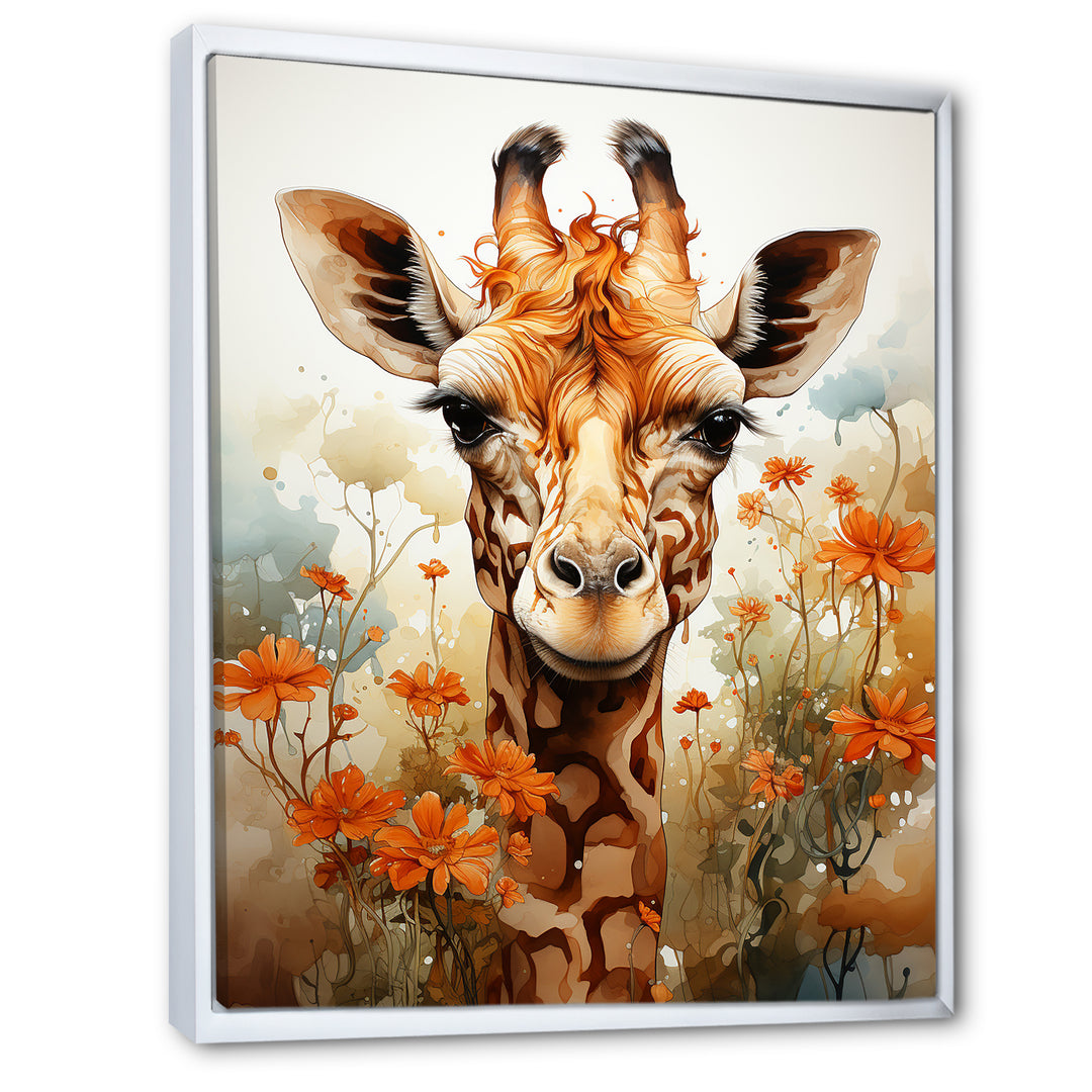 Cute Giraffe In Flowers Field - Beige Giraffe Wall Art