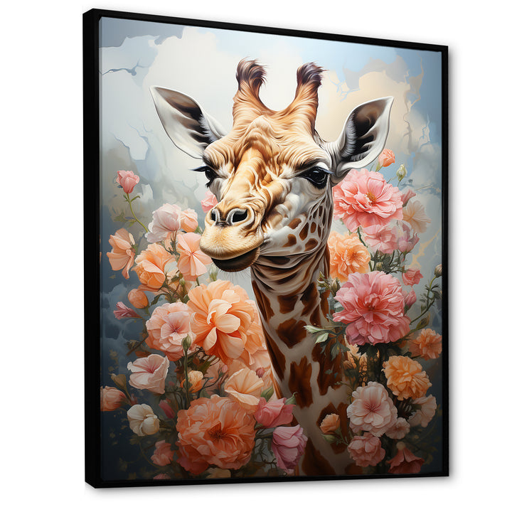 Cute Pink Floral Giraffe Portrait - Giraffe Framed Canvas Art