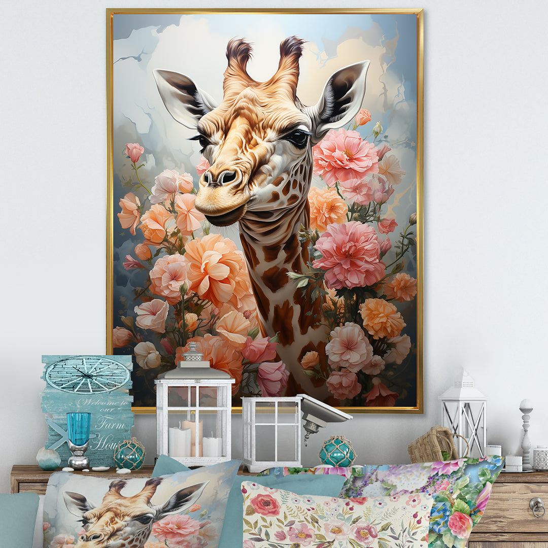 Cute Pink Floral Giraffe Portrait - Giraffe Framed Canvas Art