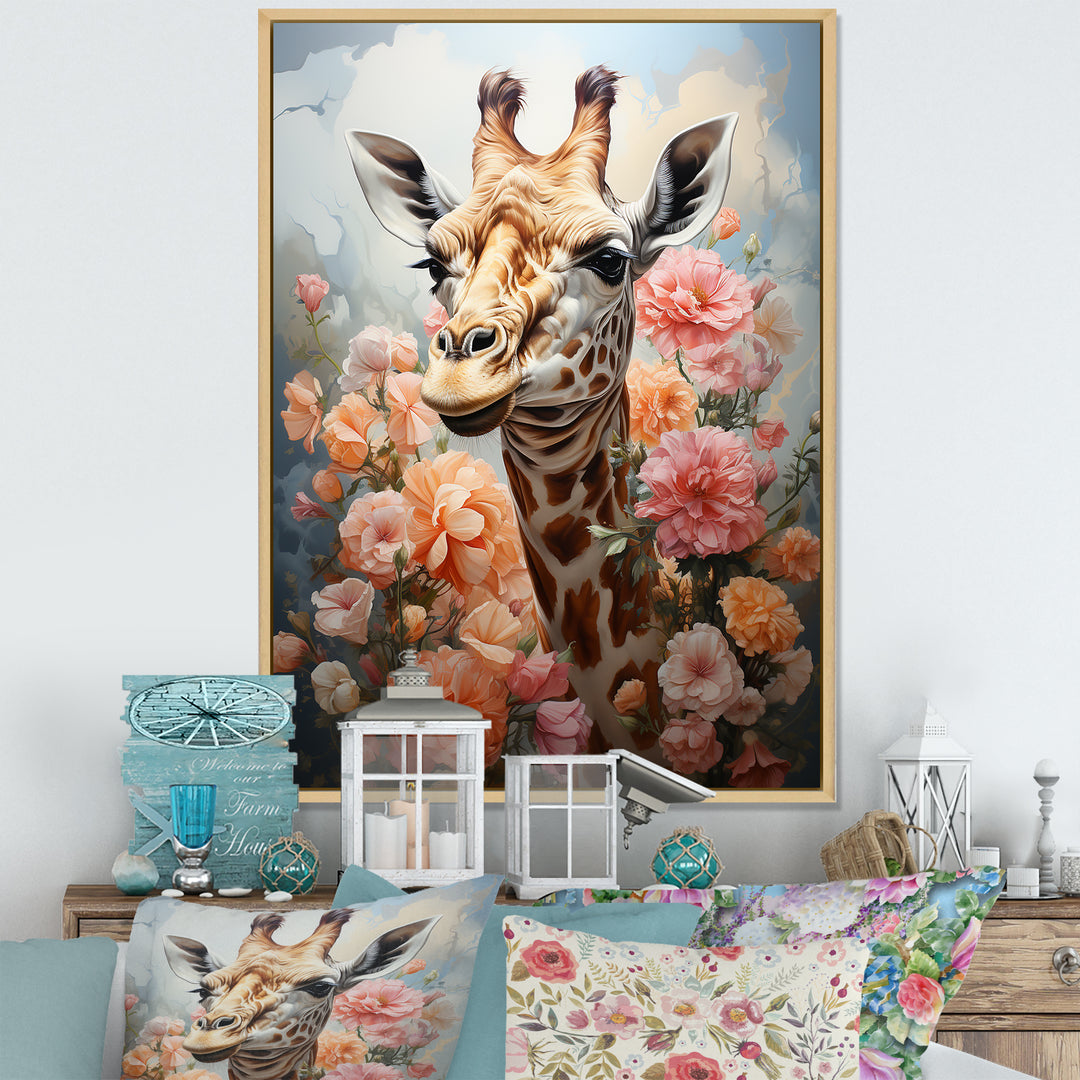 Cute Pink Floral Giraffe Portrait - Giraffe Framed Canvas Art