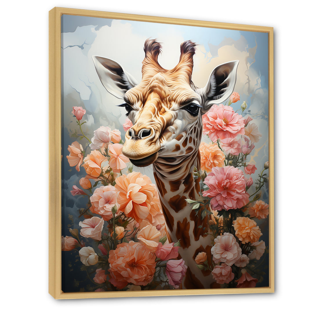 Cute Pink Floral Giraffe Portrait - Giraffe Framed Canvas Art