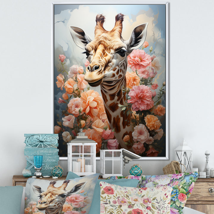 Cute Pink Floral Giraffe Portrait - Giraffe Framed Canvas Art