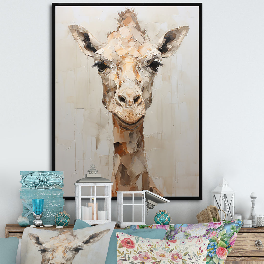 Minimalism Beige Giraffe Selfie - Giraffe Home Decor Art