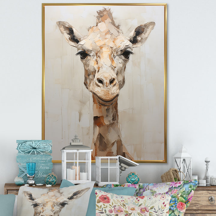 Minimalism Beige Giraffe Selfie - Giraffe Home Decor Art