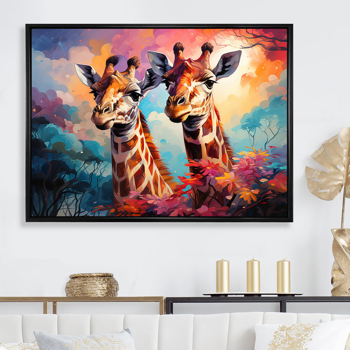 Multicolor Playful Giraffes - Giraffe Framed Canvas Art