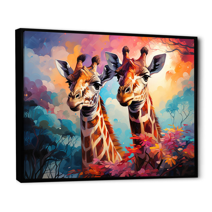 Multicolor Playful Giraffes - Giraffe Framed Canvas Art