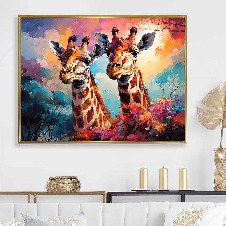 Multicolor Playful Giraffes - Giraffe Framed Canvas Art