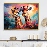 Multicolor Playful Giraffes - Giraffe Framed Canvas Art