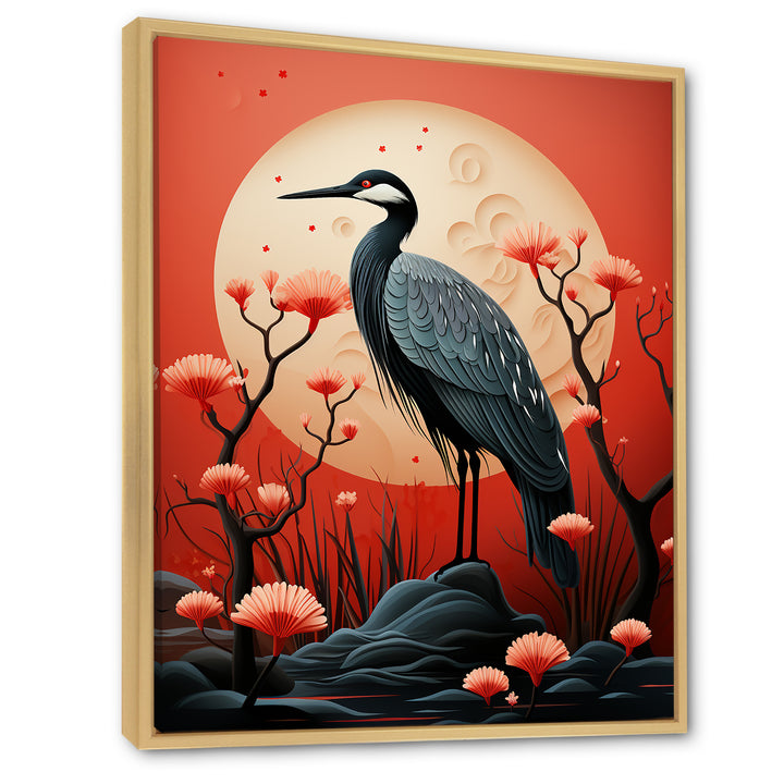 Red Japanese Heron Ink Portrait - Heron Wall Art Prints