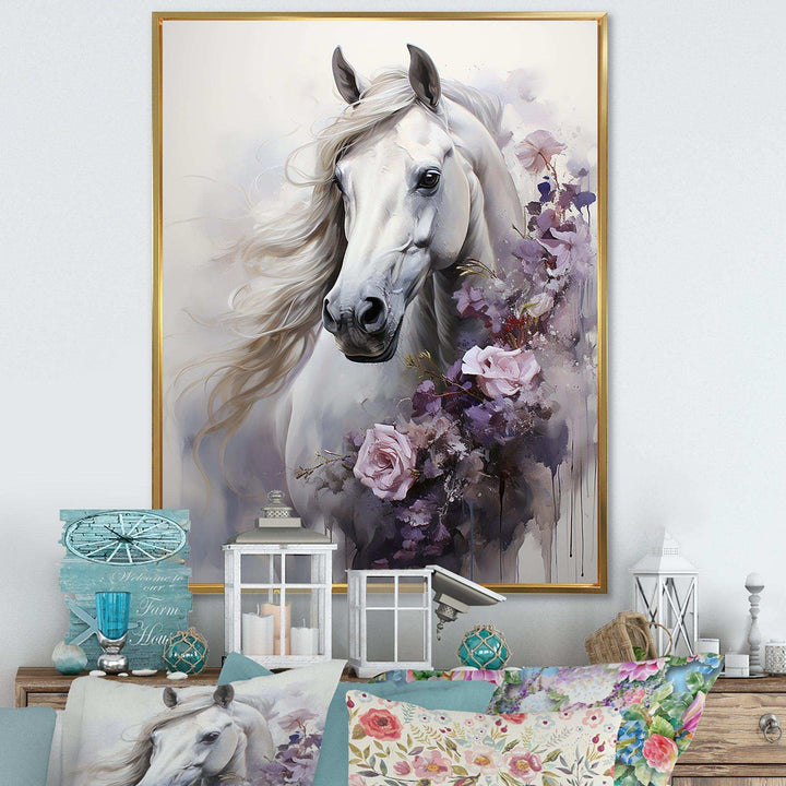 Majestic Flower Beauty Horse - Animals Canvas Wall Art