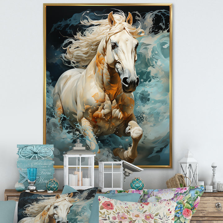 Whimsical Of A Horse Cantering In Fog - Beige Horse Wall Art